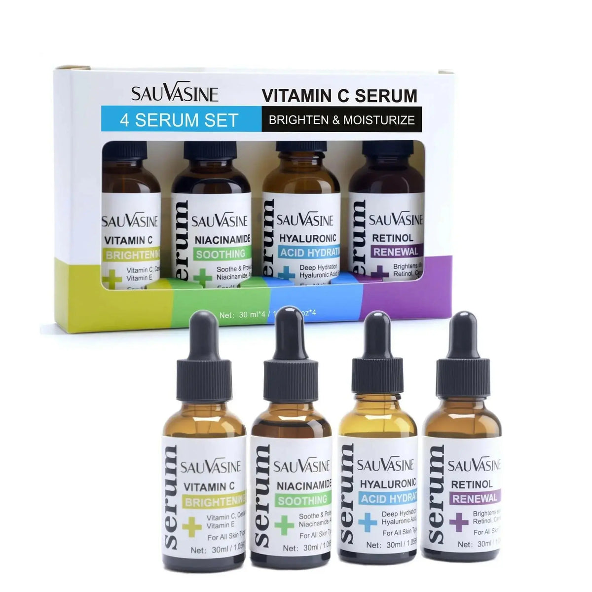 Vitamin C skincare 4-piece set from Plush Fashion Hub with brightening and pore-refining products for glowing skin.