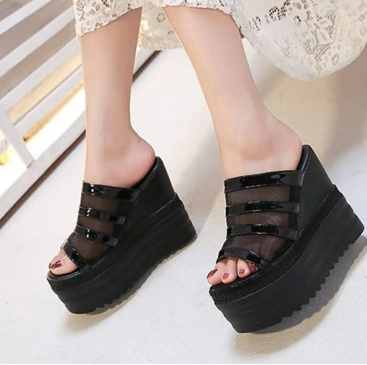 Women rhinestone wedge heel platform sandals from Plush Fashion Hub, featuring sparkling stones and comfortable slip-on design.