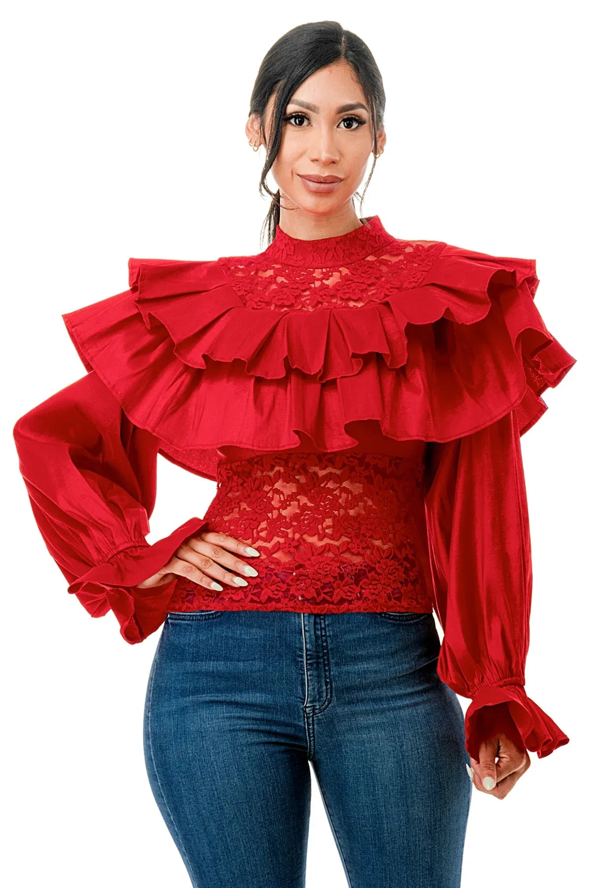 White mock neck blouse from The House of Stylez, featuring long sleeves and a sleek, fitted design.