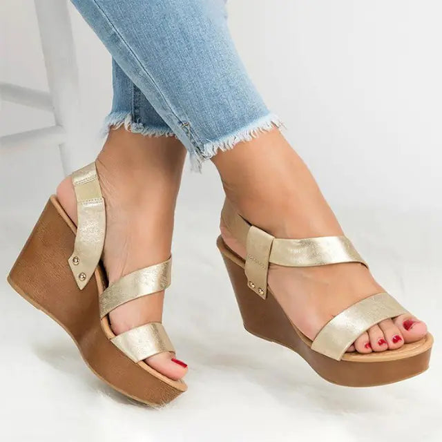 Women's summer casual slip-on wedge high heels shoes with open toe design from Trendy Attic Store01