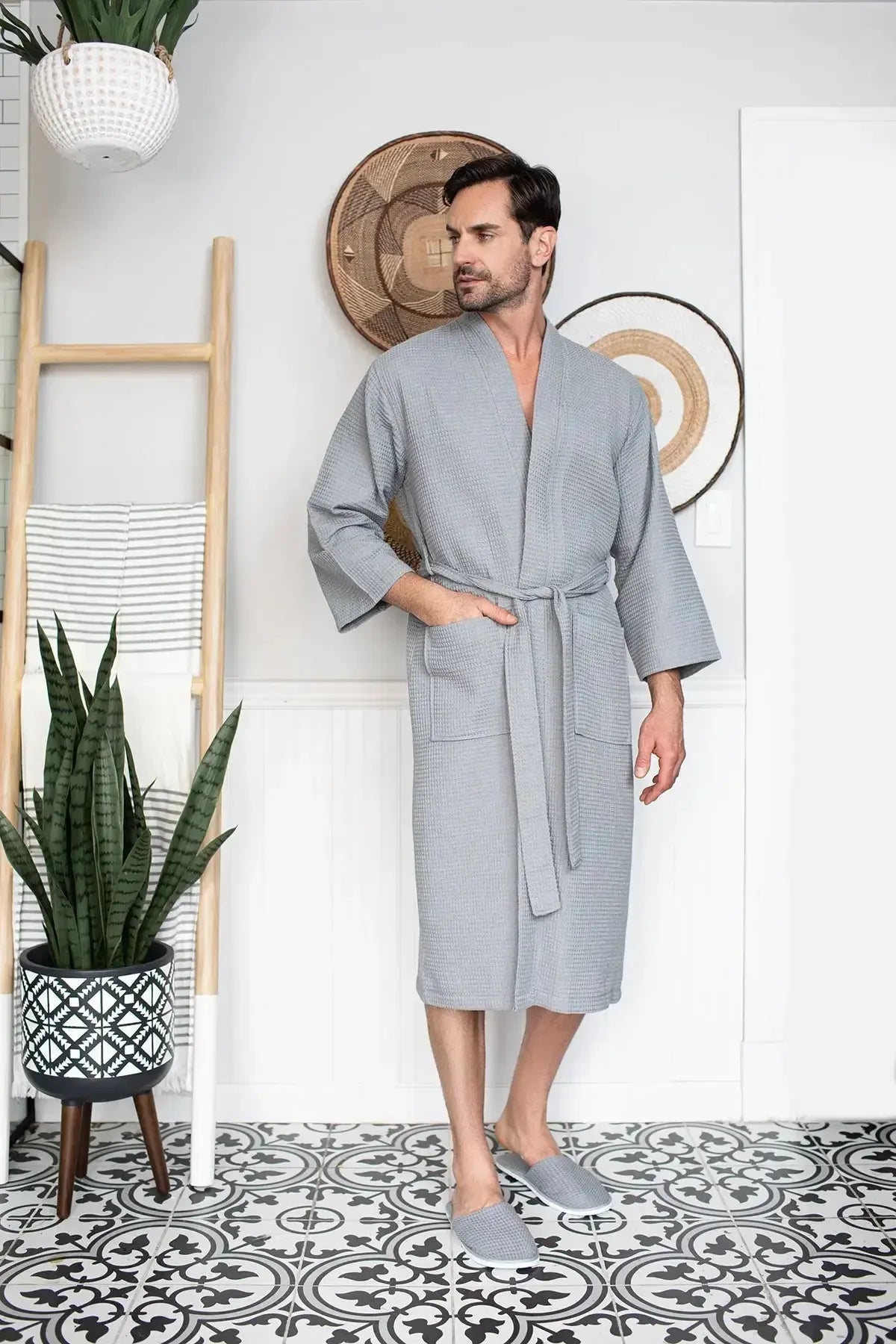 Waffle Spa Bathrobe for Men - Absorbent, Lightweight - Plush Fashion Hub