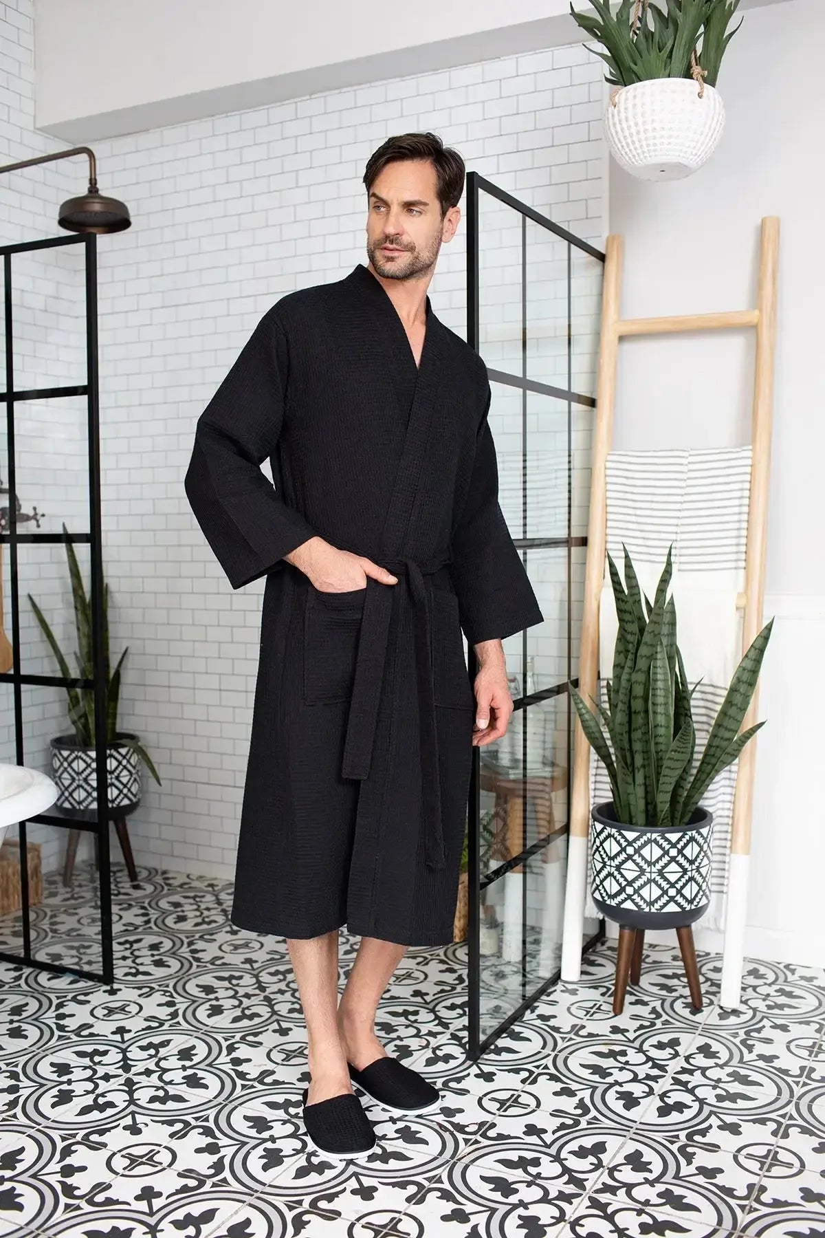 Waffle Spa Bathrobe for Men - Absorbent, Lightweight - Plush Fashion Hub
