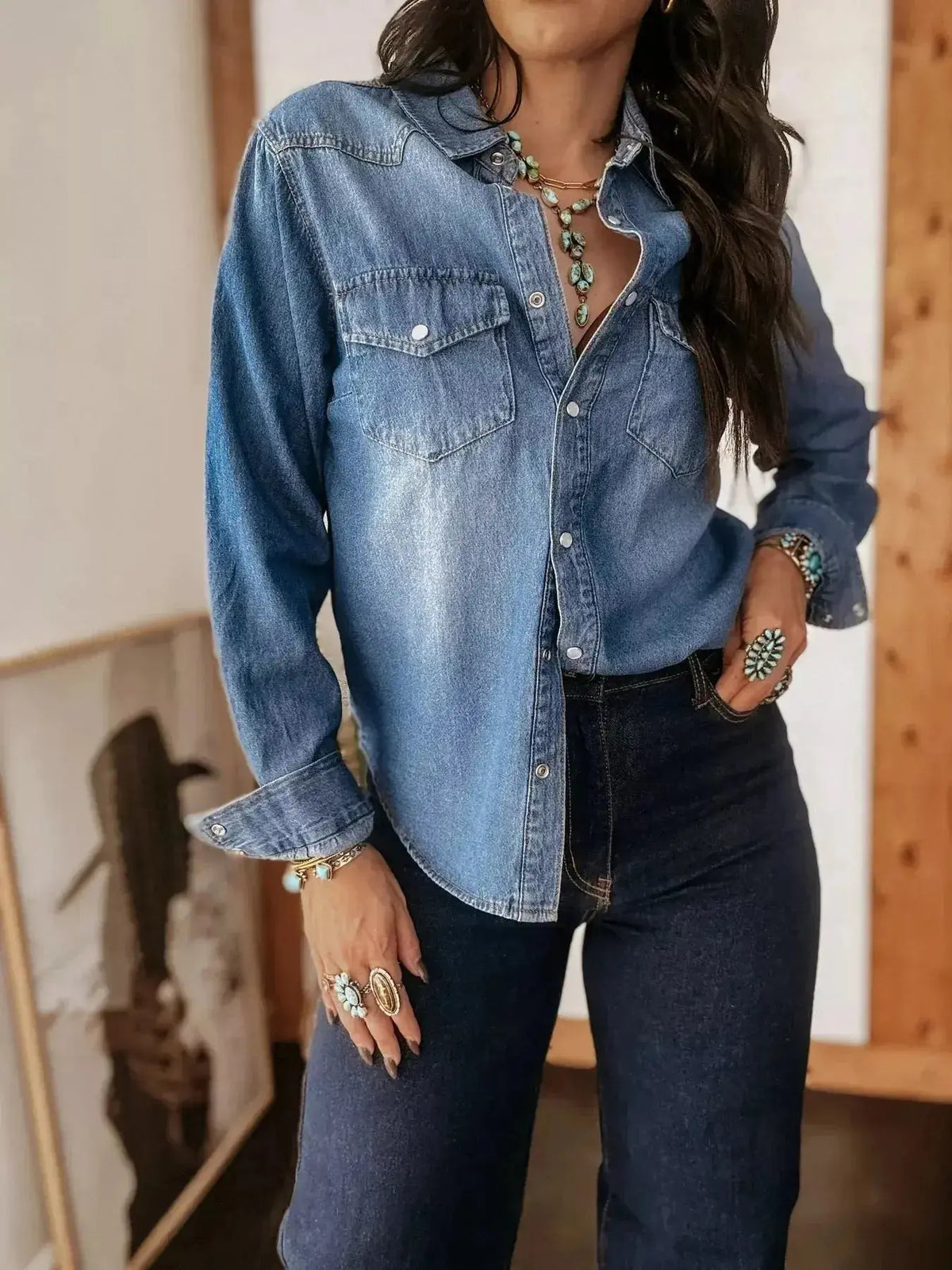 Washed cotton blend denim button-down shirt for women by Plush Fashion Hub, featuring a casual fit and classic collar style.