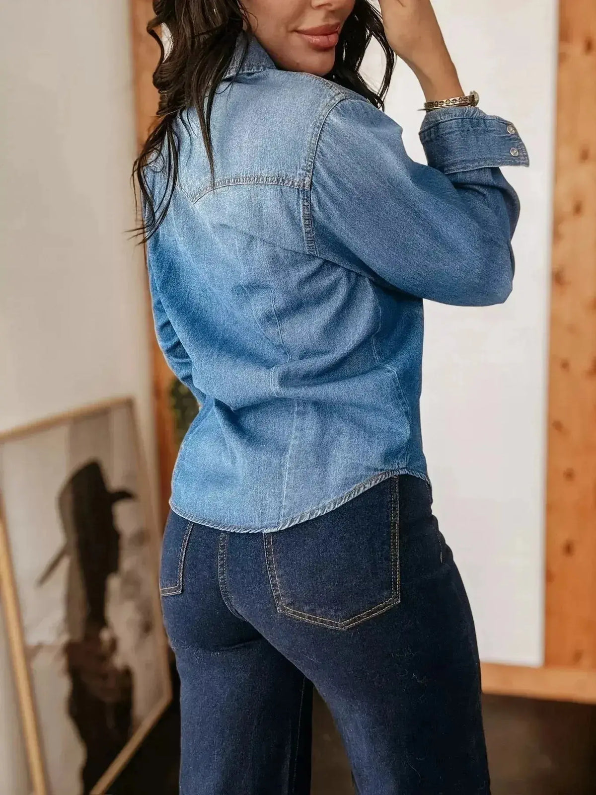 Washed cotton blend denim button-down shirt for women by Plush Fashion Hub, featuring a casual fit and classic denim styling.