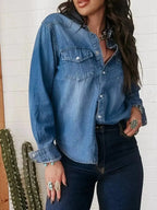 Washed cotton blend denim button-down shirt for women by Trendsi, featuring classic collar and long sleeves, casual denim style.