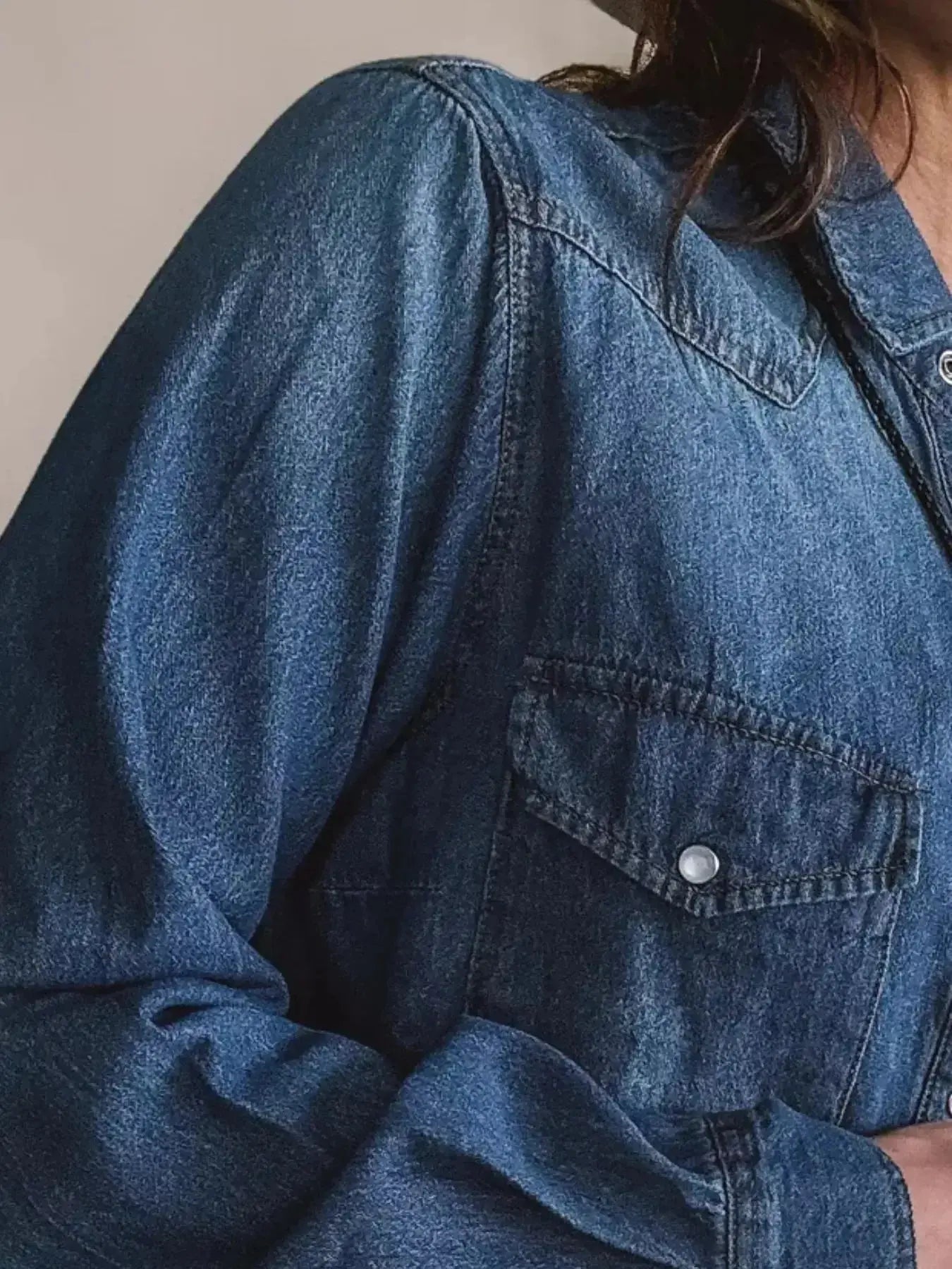Washed cotton blend denim button-down shirt for women, casual long-sleeve denim shirt, Trendsi brand, front view.