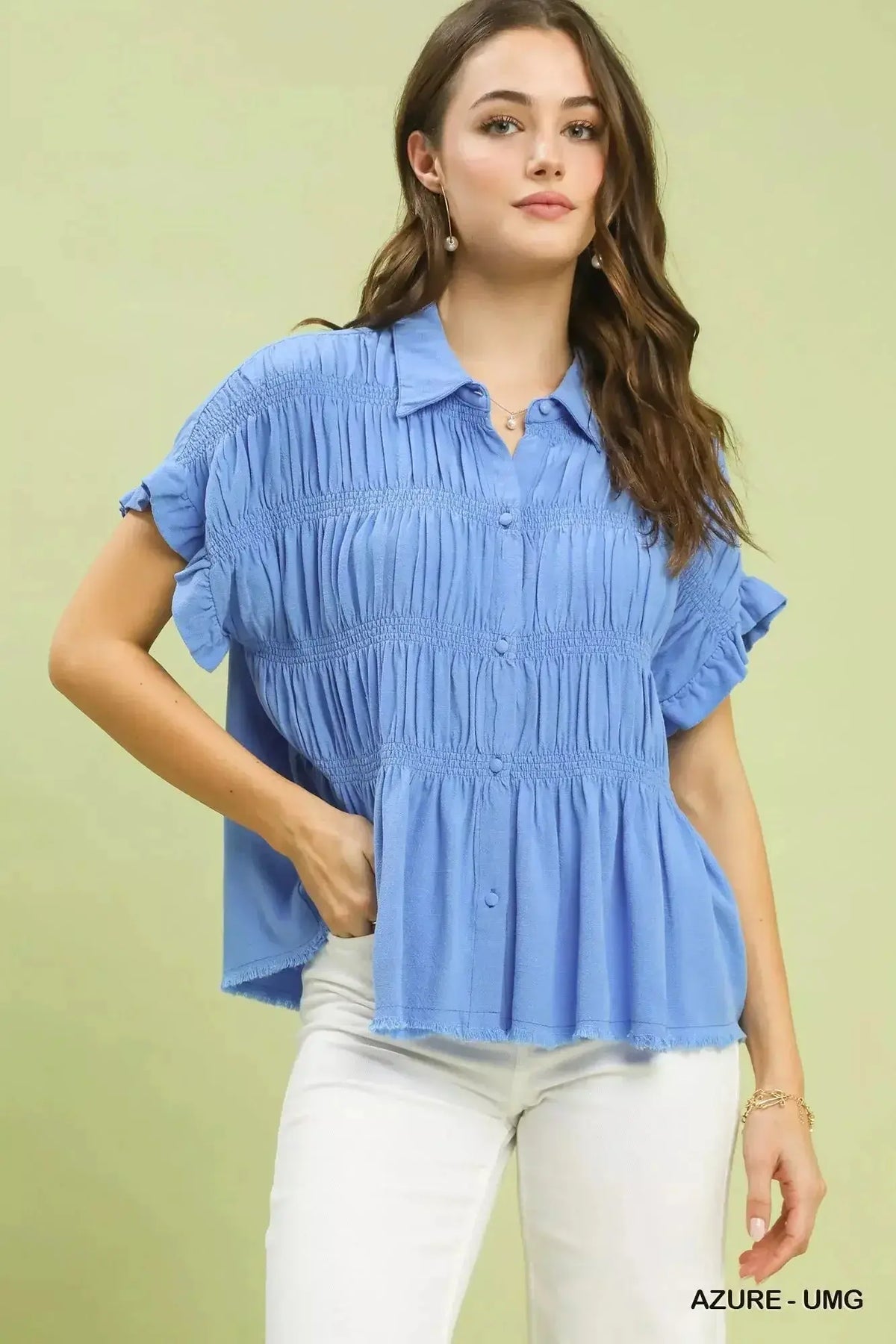 Washed linen blend smocked button-down shirt with ruffle sleeves, stylish and casual from Plush Fashion Hub.