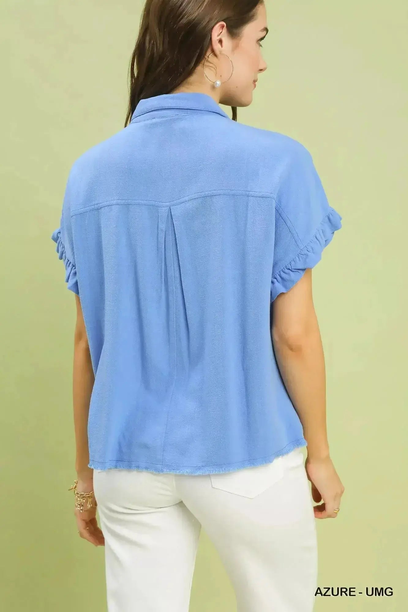 Washed linen blend smocked button-down shirt with ruffle sleeves, stylish Trendsi women's casual top.