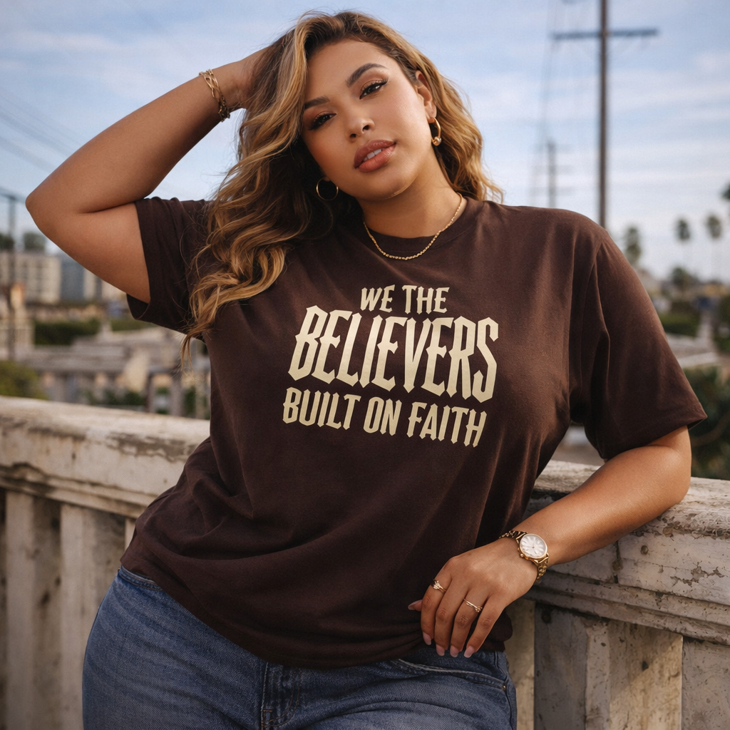 Black Faith T-Shirt by Wear Your Worship featuring bold "We The Believers" graphic and built on faith message.