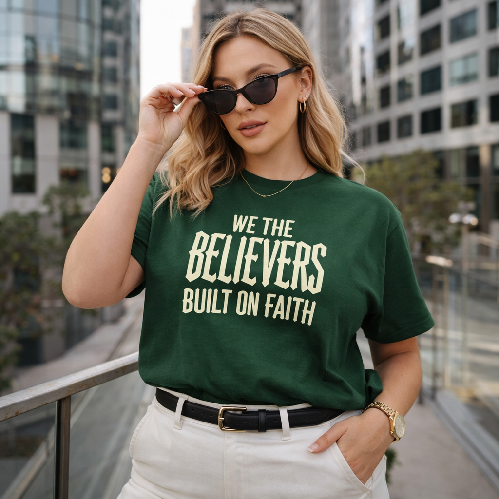 Black faith-themed T-shirt by Wear Your Worship featuring Christian graphic design and "We The Believers" text on a black background.