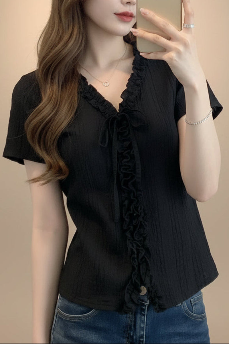 V-neck ruffle sleeve solid color linen blend top by FitiqueFit, casualwear, with asymmetric design and lightweight fabric.