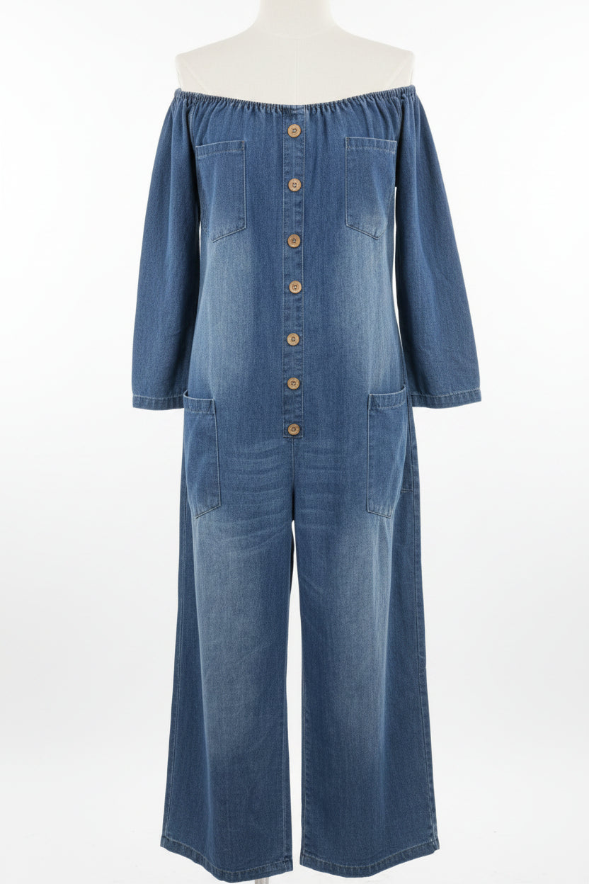 Women's off-shoulder washed faux denim strap overalls jumpsuit from Plush Fashion Hub, casualwear with a relaxed fit and trendy style.