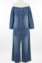 Women's off-shoulder washed faux denim strap overalls jumpsuit from Plush Fashion Hub, casualwear with a relaxed fit and trendy style.