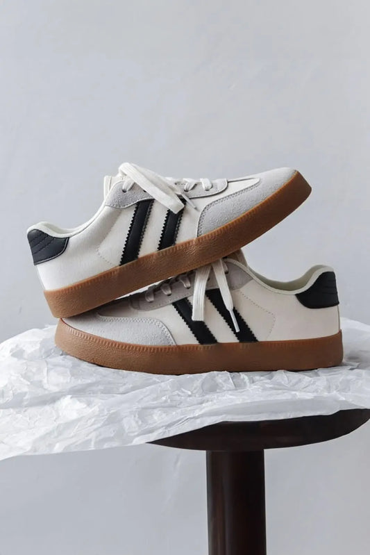White Striped Lace Up Flat Sneakers For Everyday Comfort - Plush Fashion Hub