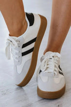 White striped women's lace-up sneakers by Gilded Glamour Shop, casual flat shoes for comfortable everyday walking.