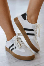 Women's white striped lace-up sneakers by Gilded Glamour Shop, casual flat shoes ideal for everyday comfort and walking.