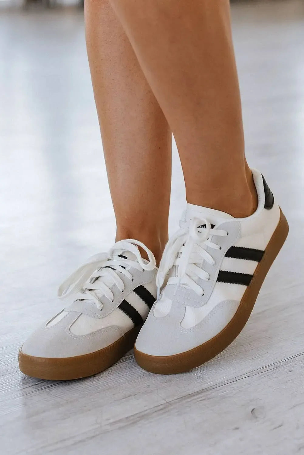 White Striped Lace Up Flat Sneakers For Everyday Comfort - Plush Fashion Hub