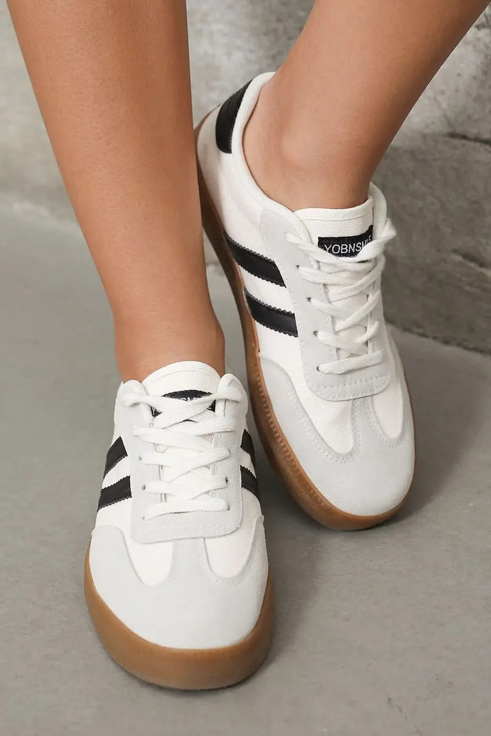 White Striped Lace Up Flat Sneakers For Everyday Comfort - Plush Fashion Hub