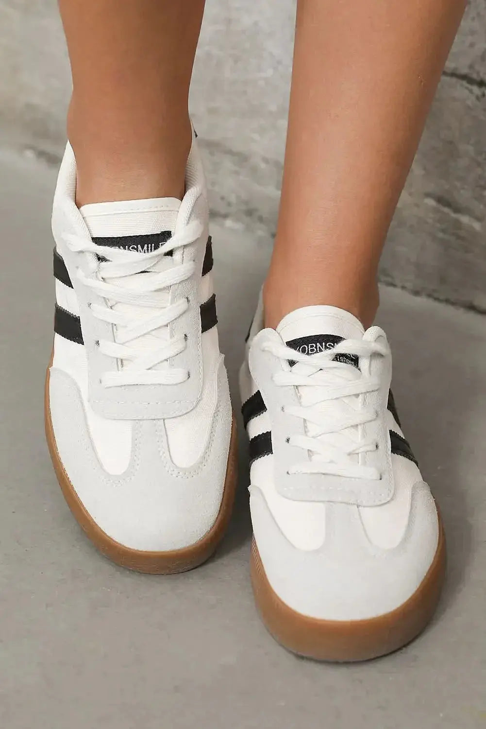 White striped women's lace-up sneakers by Gilded Glamour Shop, casual flat shoes for everyday comfort and walking.
