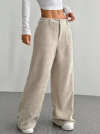 Women's high-waisted wide-leg corduroy trousers by Plush Fashion Hub, showing the textured fabric and relaxed fit.