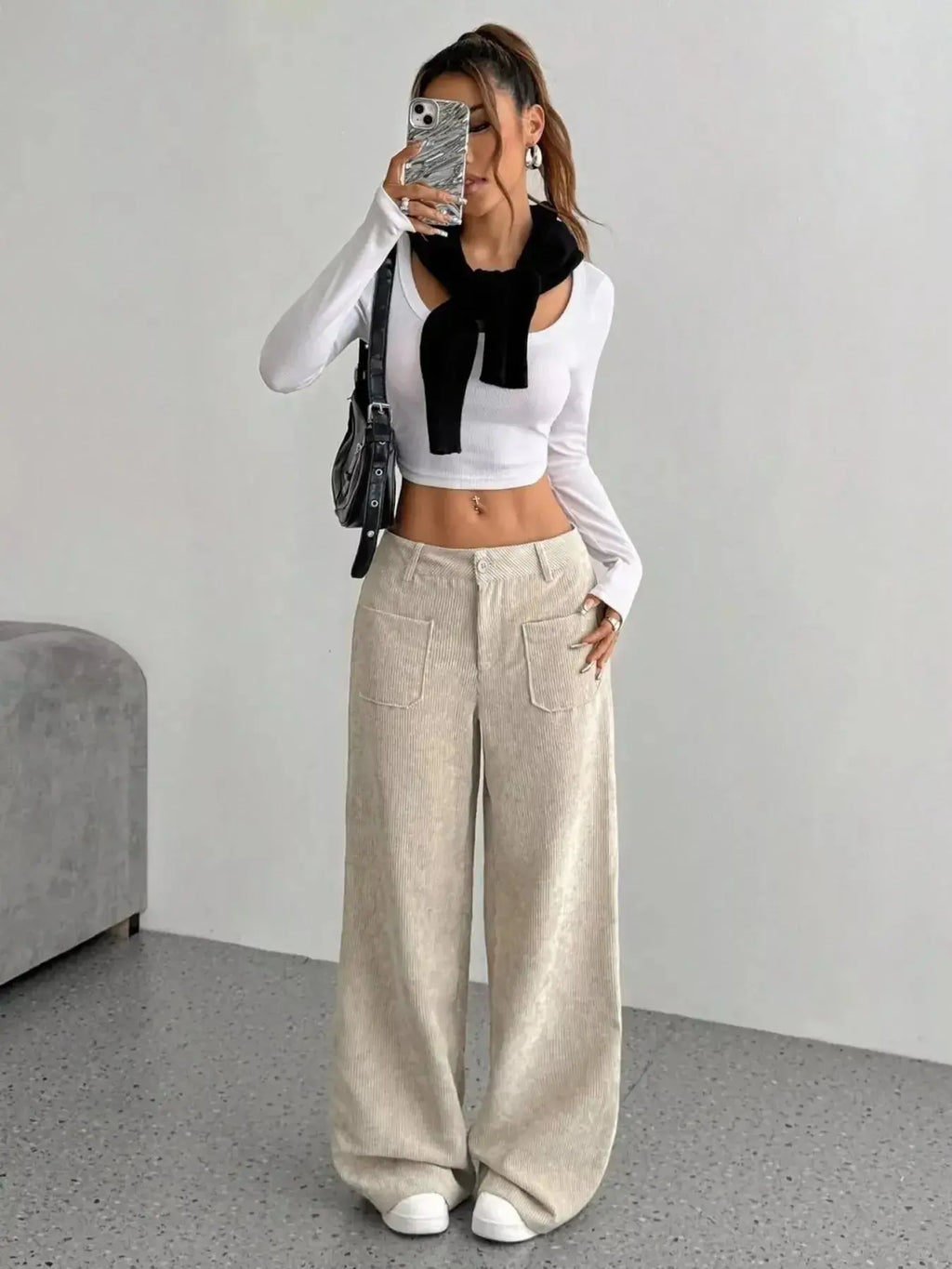Women's high-waisted wide-leg corduroy trousers by Plush Fashion Hub, shown in a stylish beige color.