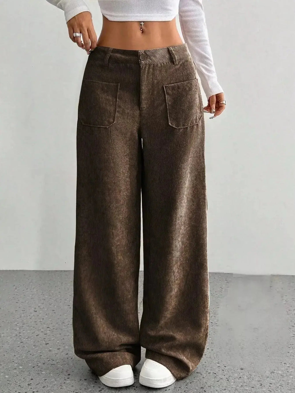 Women’s high-waisted wide-leg corduroy pants by Plush Fashion Hub, shown in a relaxed fit with textured corduroy fabric.