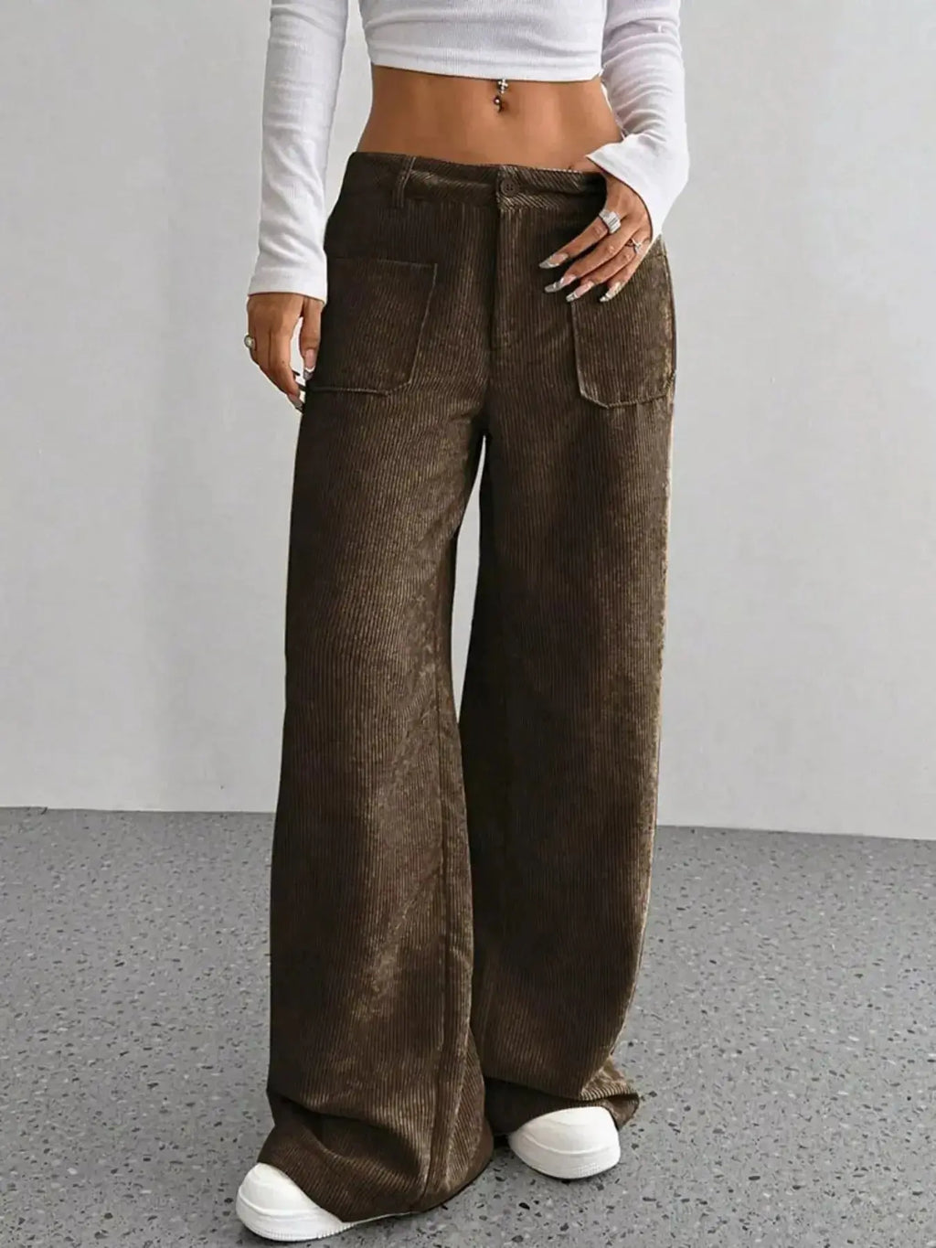 Women’s high-waisted wide-leg corduroy trousers from Plush Fashion Hub, featuring a textured fabric and relaxed fit.