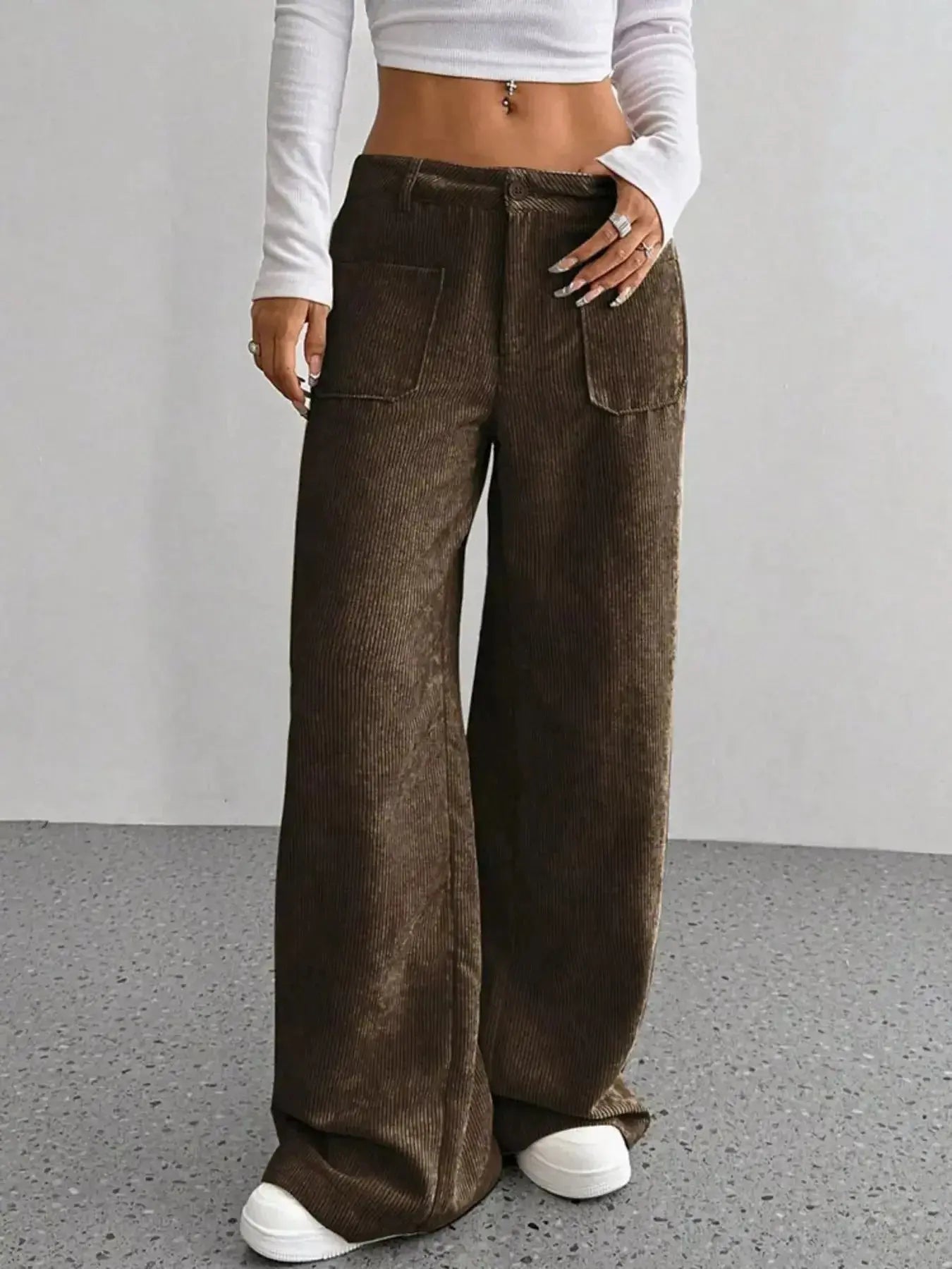 Women’s high-waisted wide-leg corduroy trousers from Plush Fashion Hub, featuring a textured fabric and relaxed fit.