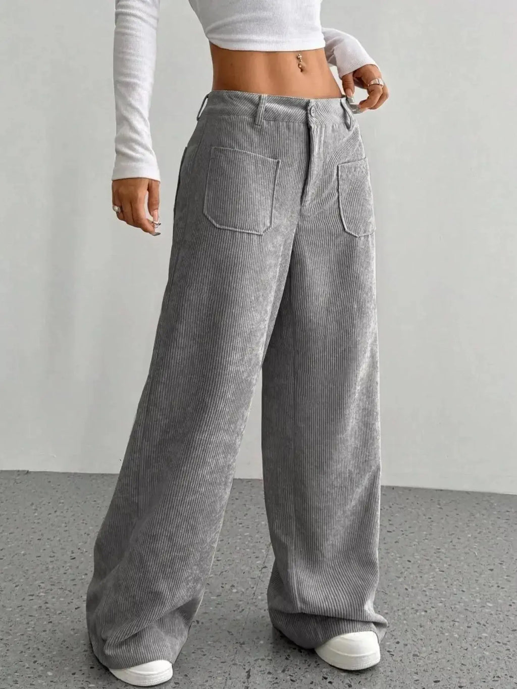 Women’s high-waisted wide-leg corduroy trousers by Plush Fashion Hub, shown in a soft, textured fabric with a relaxed fit.