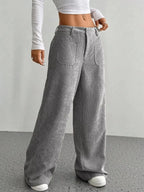 Women’s high-waisted wide-leg corduroy trousers by Plush Fashion Hub, shown in a soft, textured fabric with a relaxed fit.