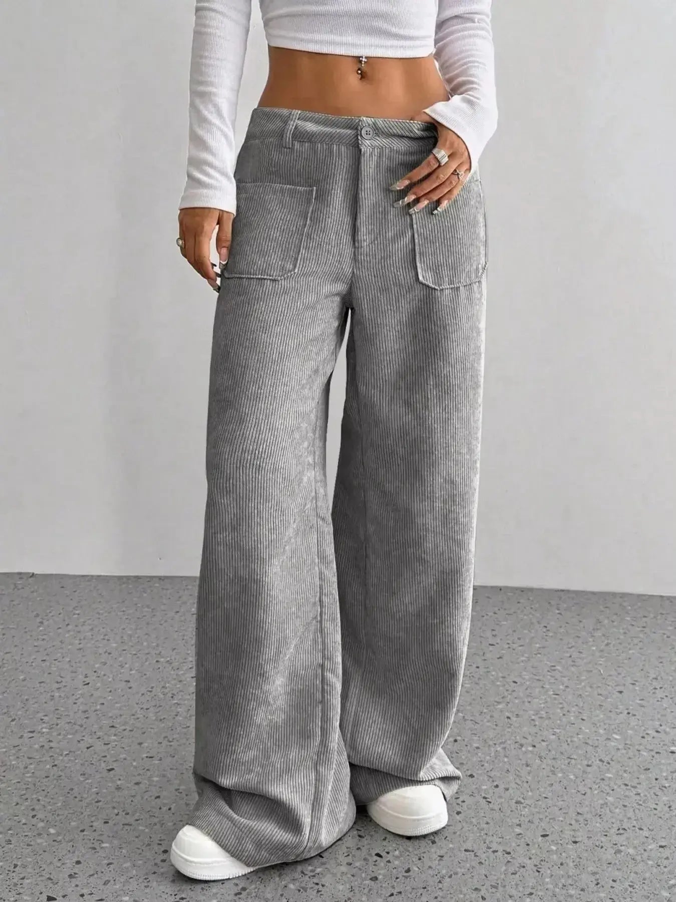 Women’s high-waisted wide-leg corduroy trousers by Plush Fashion Hub, featuring a textured fabric and relaxed fit.