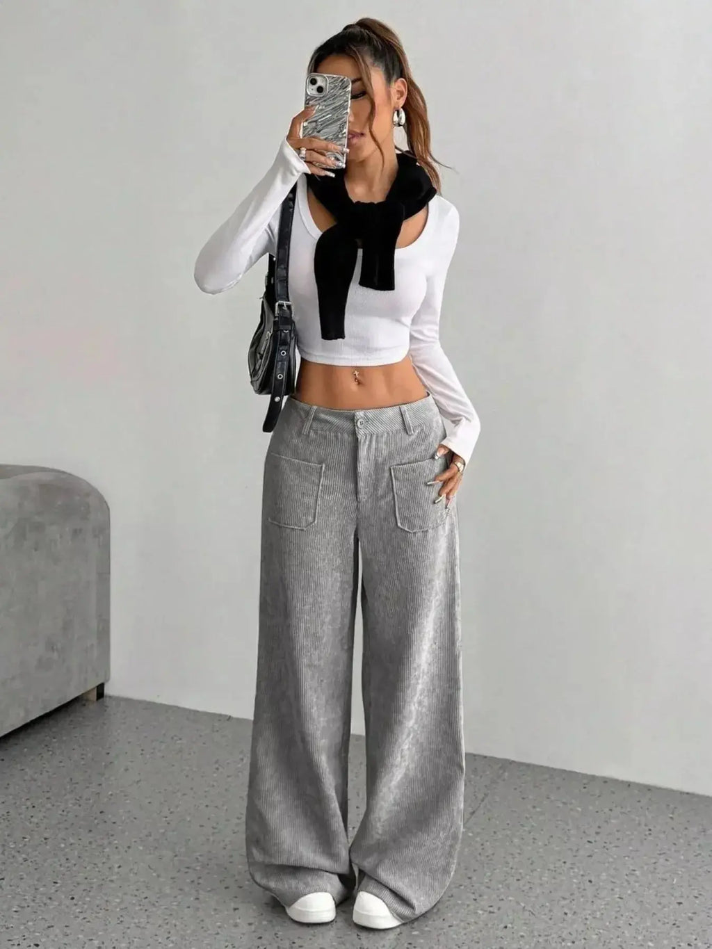 Women’s high-waisted wide-leg corduroy trousers by Plush Fashion Hub, featuring a textured fabric and relaxed fit.