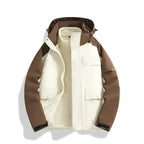 Plush Fashion Hub windproof and waterproof 3-in-1 shell jacket, outdoor outerwear with adjustable hood and multiple layers.