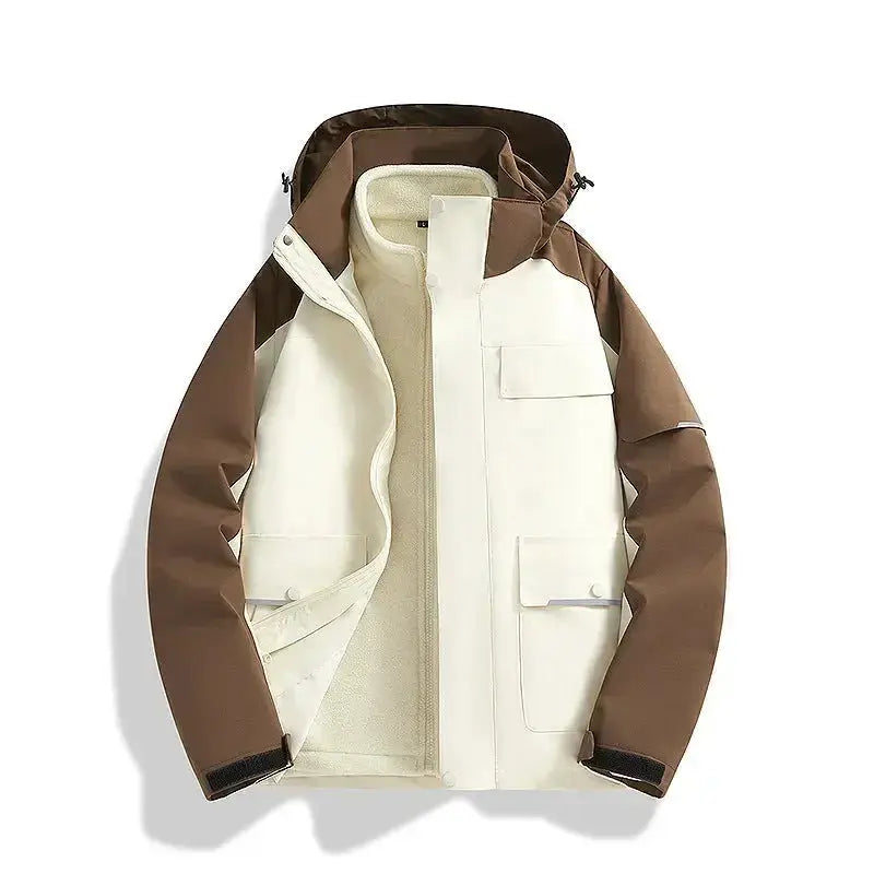 Plush Fashion Hub windproof and waterproof 3-in-1 shell jacket, versatile outerwear with adjustable features and durable fabric.