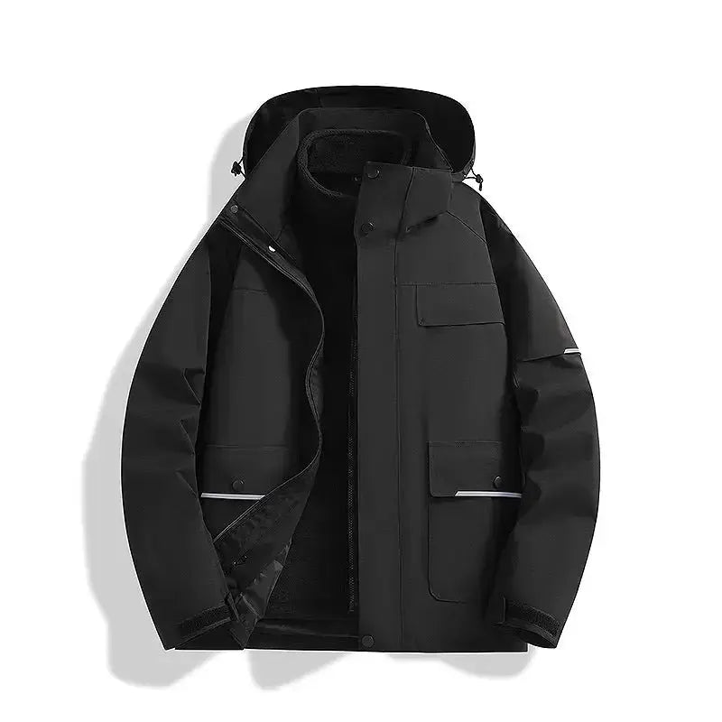 Windproof and waterproof 3-in-1 shell jacket from Plush Fashion Hub, showing its durable outerwear design and versatile layers.