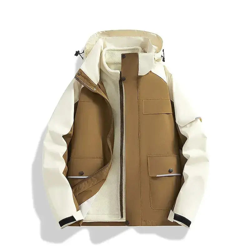 Plush Fashion Hub windproof and waterproof 3-in-1 shell jacket, outdoor outerwear with adjustable hood and multiple layers.