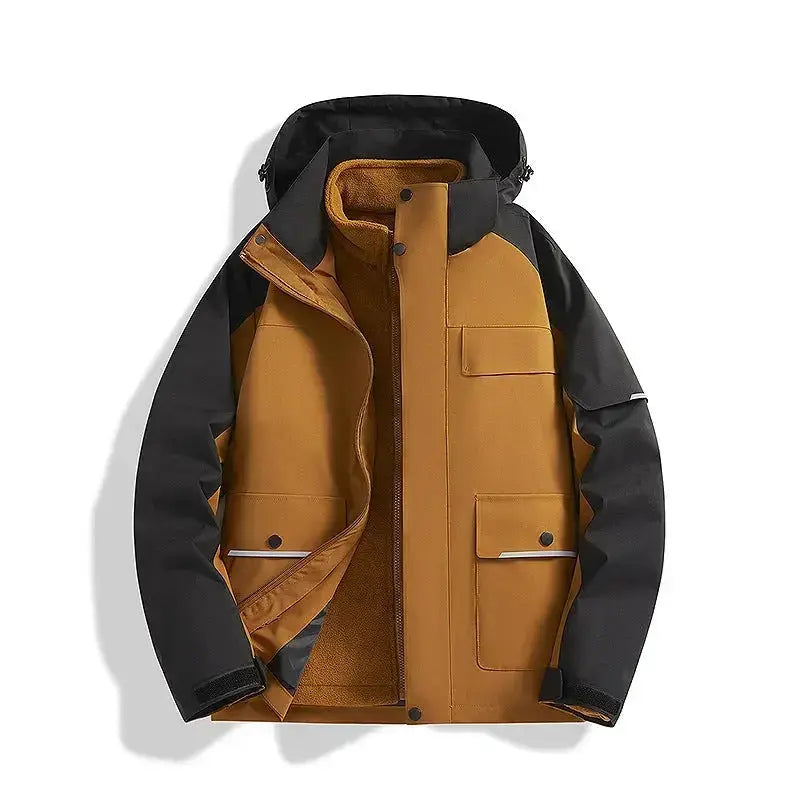 Plush Fashion Hub windproof and waterproof 3-in-1 shell jacket, outdoor outerwear with adjustable hood and multiple layers.