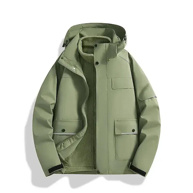 Plush Fashion Hub windproof and waterproof 3-in-1 shell jacket, outdoor outerwear with adjustable hood and multiple layers.