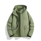 Plush Fashion Hub windproof and waterproof 3-in-1 shell jacket, outdoor outerwear with adjustable hood and multiple layers.