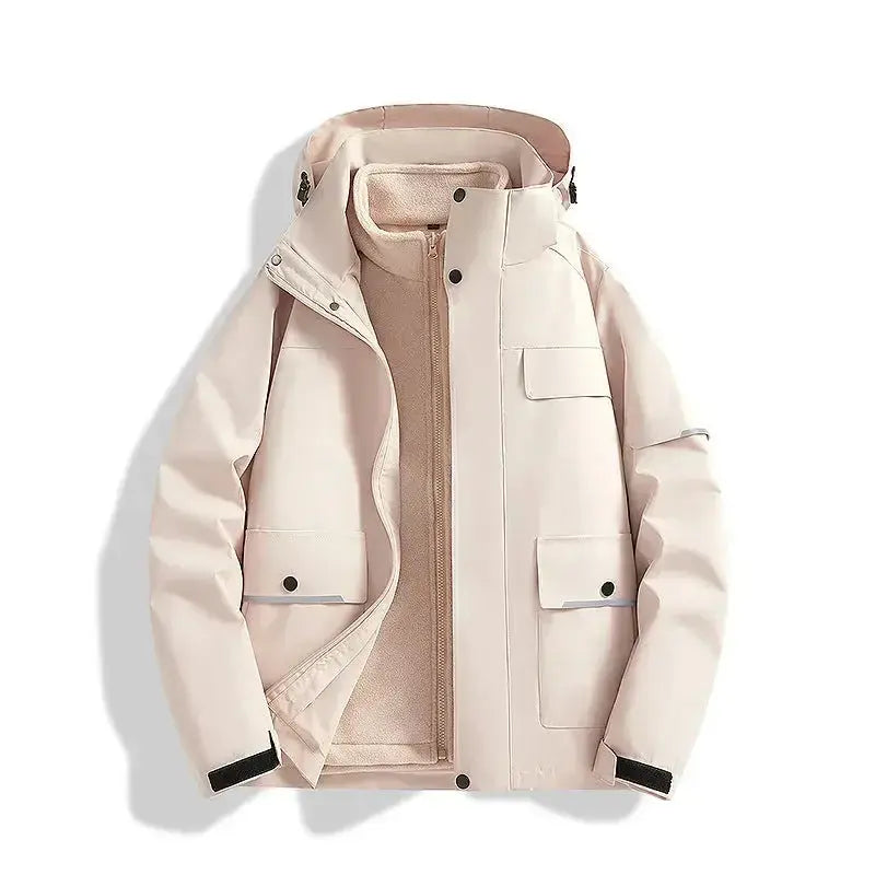 Plush Fashion Hub windproof and waterproof 3-in-1 shell jacket, outdoor outerwear with versatile layers for weather protection.