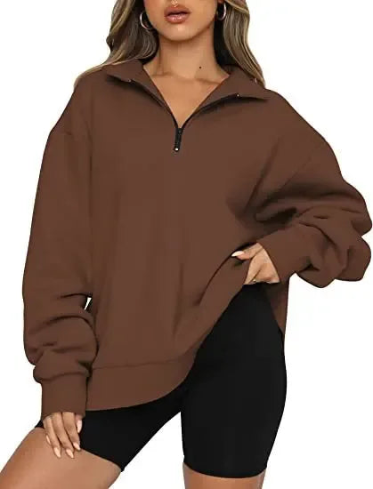 Women Sweatshirts Zip Turndown Collar Loose Casual Tops - Plush Fashion Hub