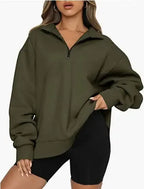 Women Sweatshirts Zip Turndown Collar Loose Casual Tops - Plush Fashion Hub