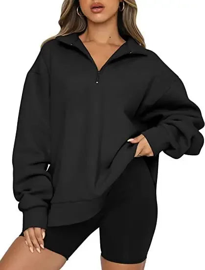 Women Sweatshirts Zip Turndown Collar Loose Casual Tops - Plush Fashion Hub