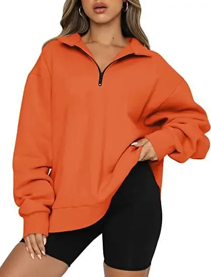 Women Sweatshirts Zip Turndown Collar Loose Casual Tops - Plush Fashion Hub