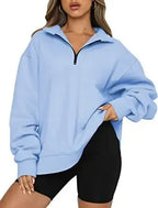 Women Sweatshirts Zip Turndown Collar Loose Casual Tops - Plush Fashion Hub