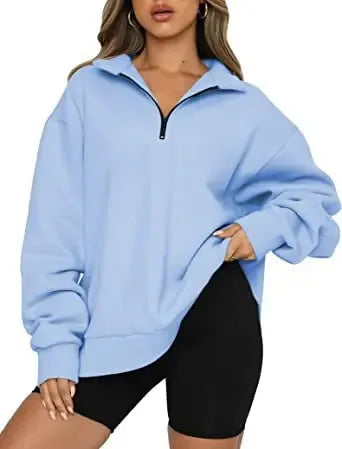 Women Sweatshirts Zip Turndown Collar Loose Casual Tops - Plush Fashion Hub