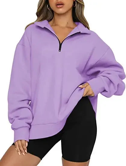 Women Sweatshirts Zip Turndown Collar Loose Casual Tops - Plush Fashion Hub