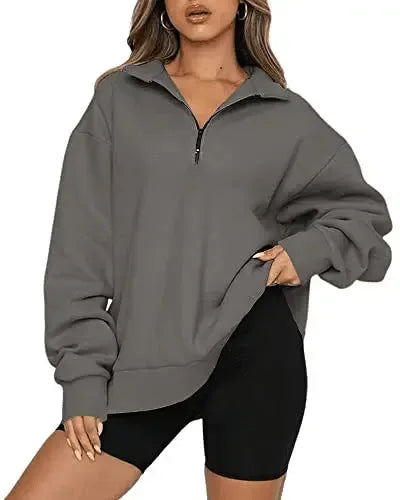 Women Sweatshirts Zip Turndown Collar Loose Casual Tops - Plush Fashion Hub
