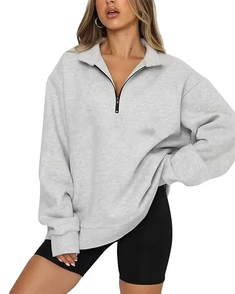 Women Sweatshirts Zip Turndown Collar Loose Casual Tops - Plush Fashion Hub