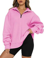 Women Sweatshirts Zip Turndown Collar Loose Casual Tops - Plush Fashion Hub
